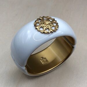 Lisi Lerch white enamel filigree medallion clamper bracelet trendy statement.